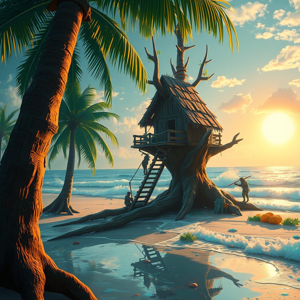 Raccoon Building a Beach Treehouse: Detailed Digital Art