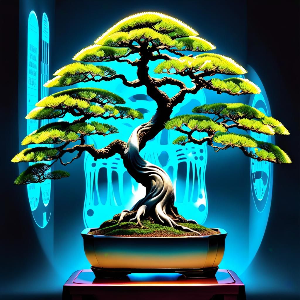 Cosmic Bonsai X-Ray in Vibrant Holographic Style