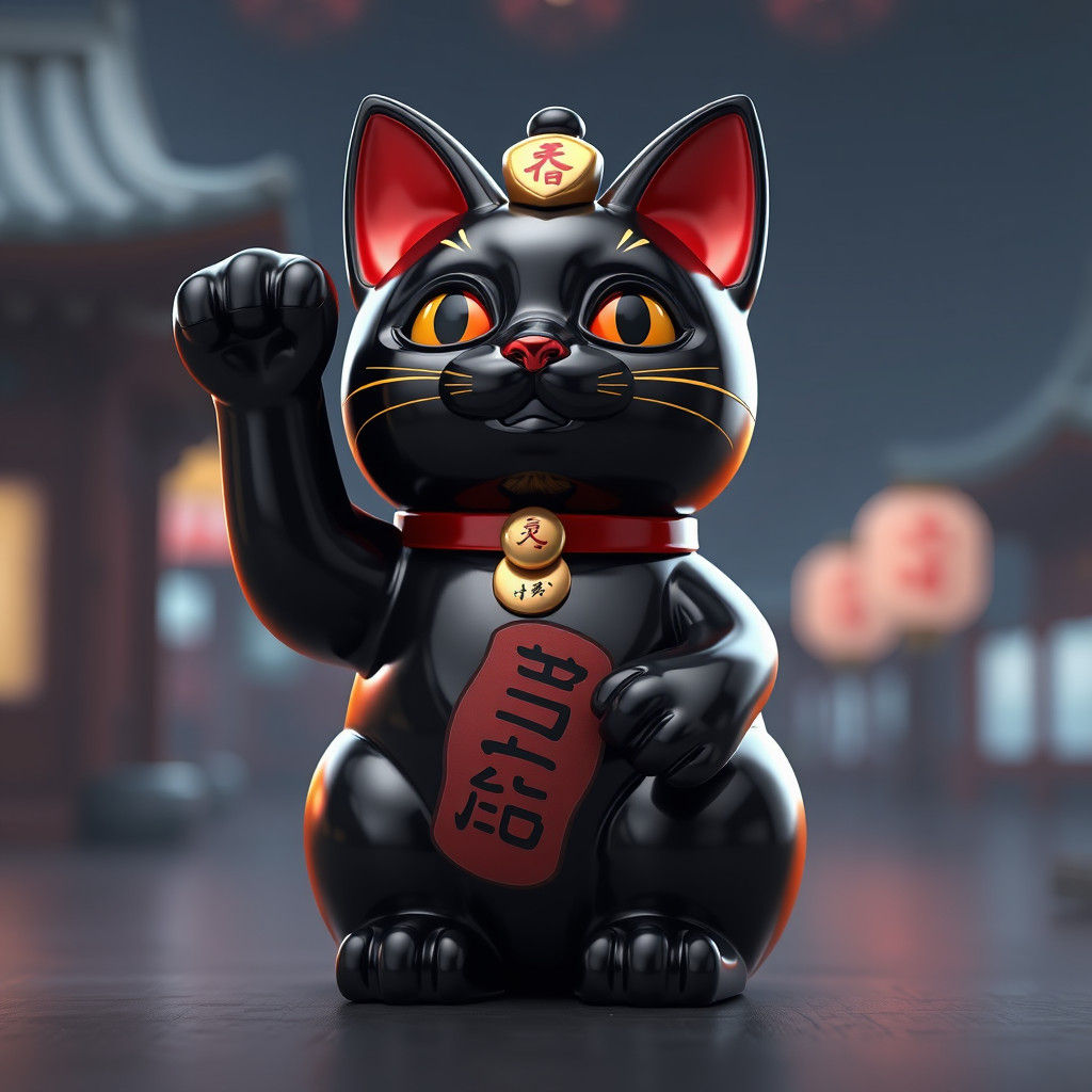 Cyberpunk-Styled Black Maneki-Neko with Arm Raised in Ominou...