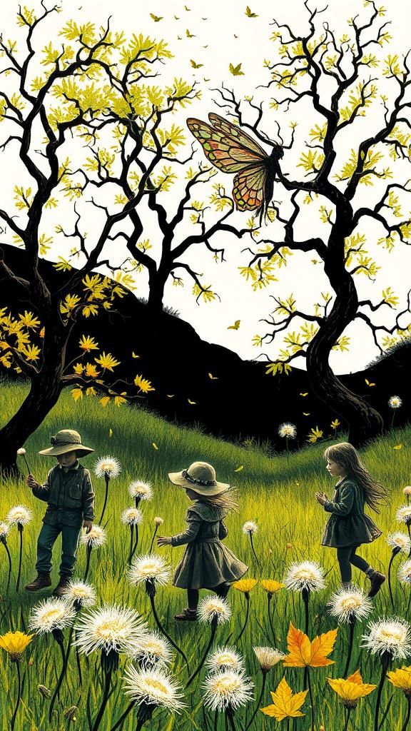 Whimsical Children Play Among Autumn Dreamscape with Electri...