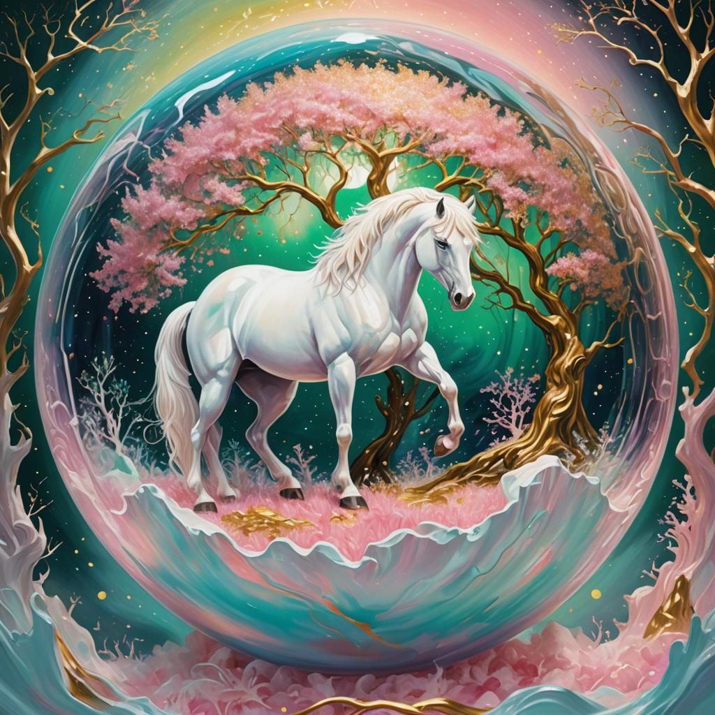 Ethereal Stallion in Iridescent Cosmos with Golden Tree of L...