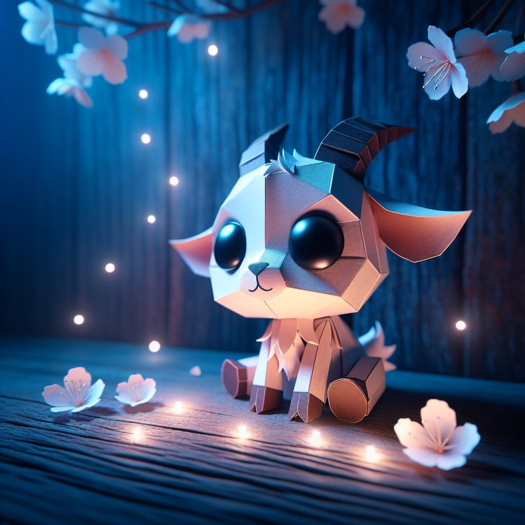 Ethereal Papercraft Goat in a Quiet Nighttime Scene