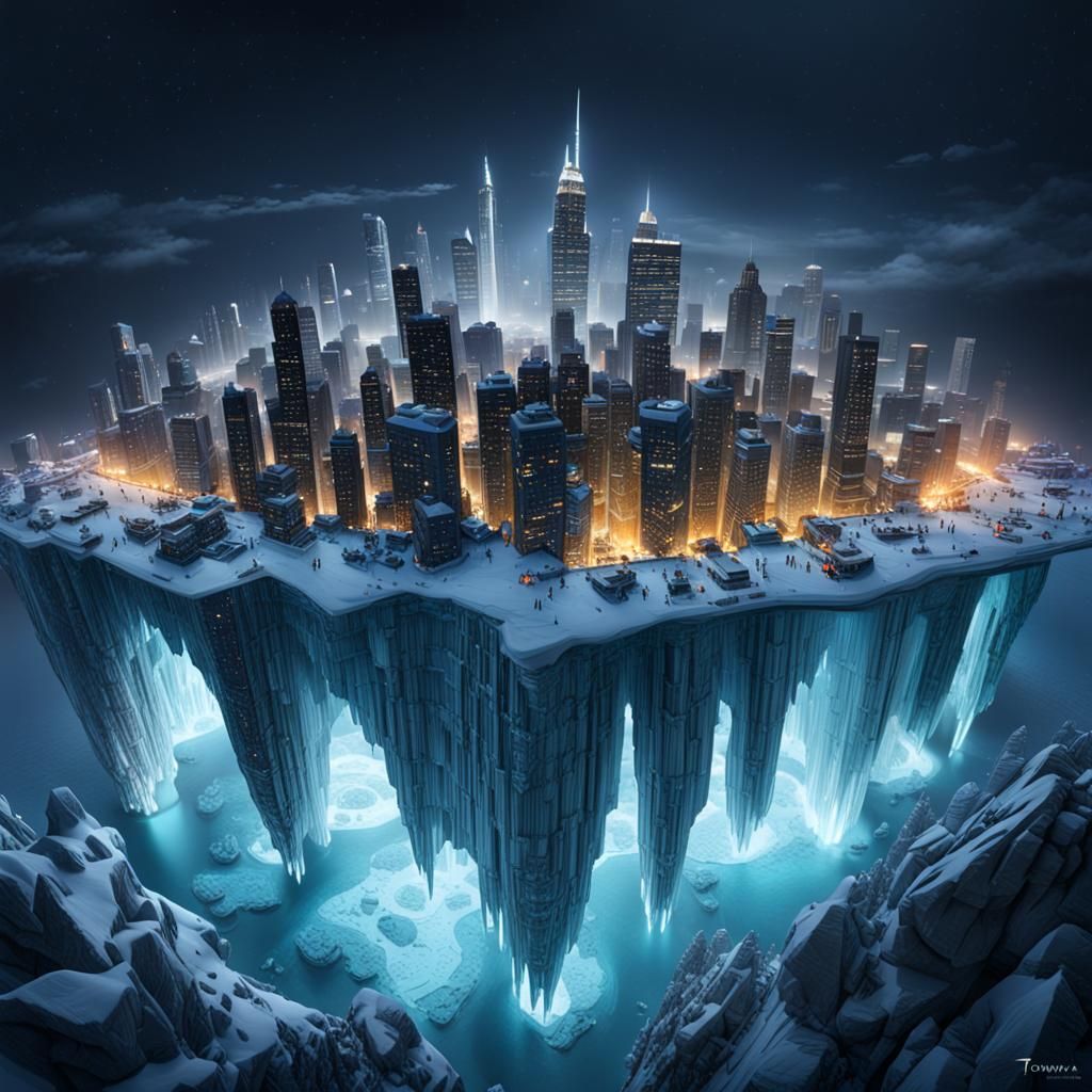 Surreal Upside-Down Cityscape Under Antarctic Iceberg