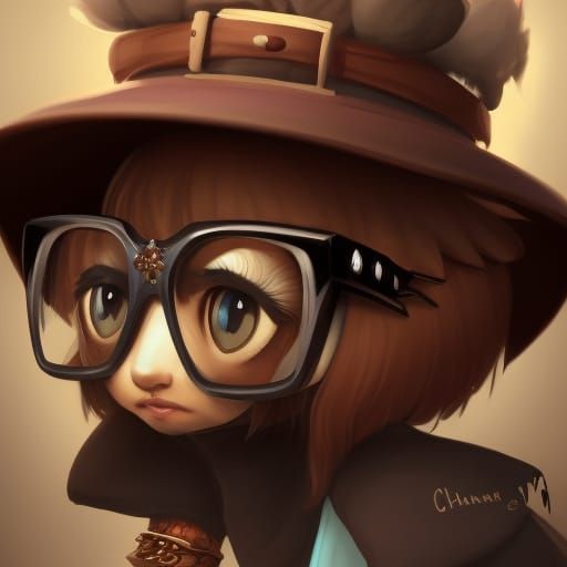 Cute Fantasy Raven in a Chibi Style with a Hat and Glasses