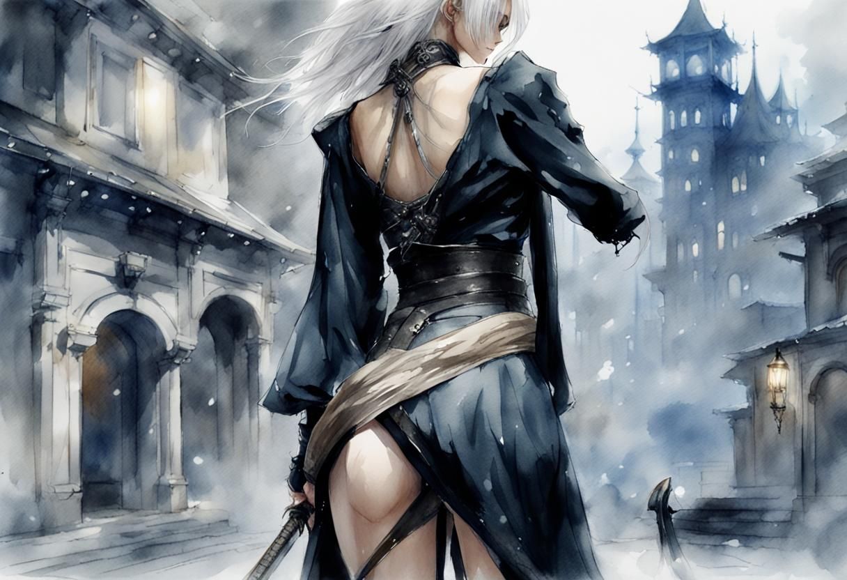 Luis Royo watercolor sketch, fantasy art - close-up image: a WLOP warrior princess with a katana (Japanese sword) on a v...