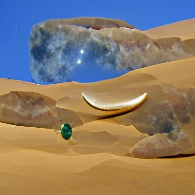 Glowing Desert Oasis at Dusk with a Crescent Moon