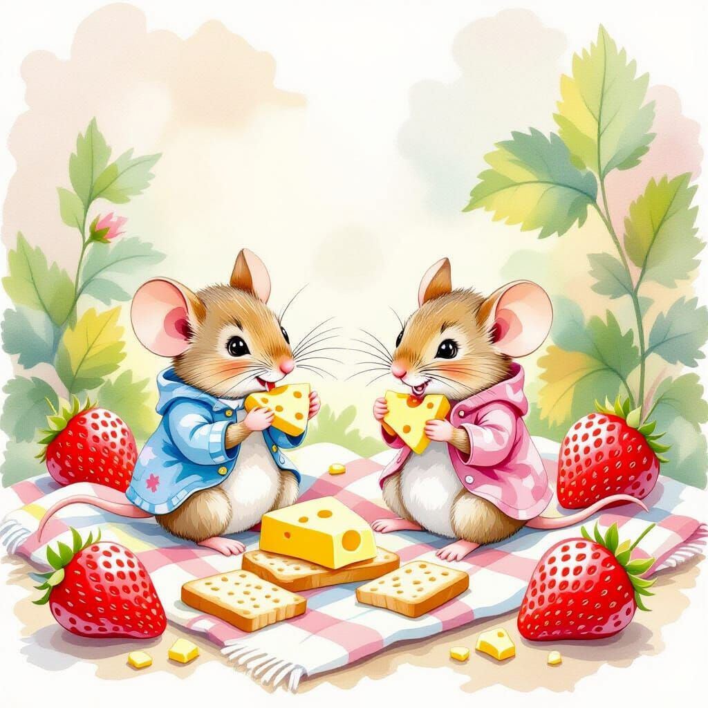 Whimsical Cartoon Mice Picnic in Strawberry Field
