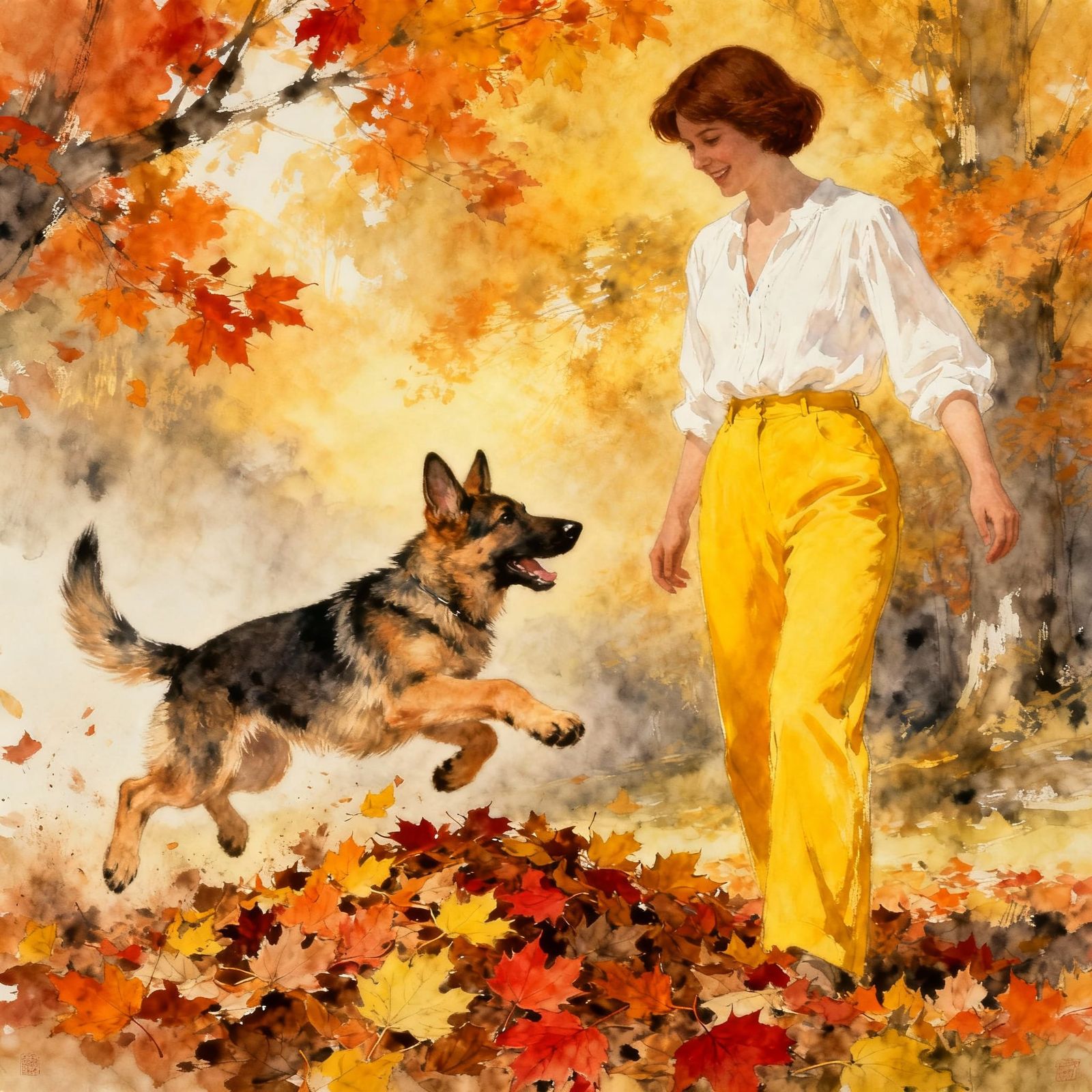 Ink Wash and Oil Painting of Woman and German Shepherd Puppy...