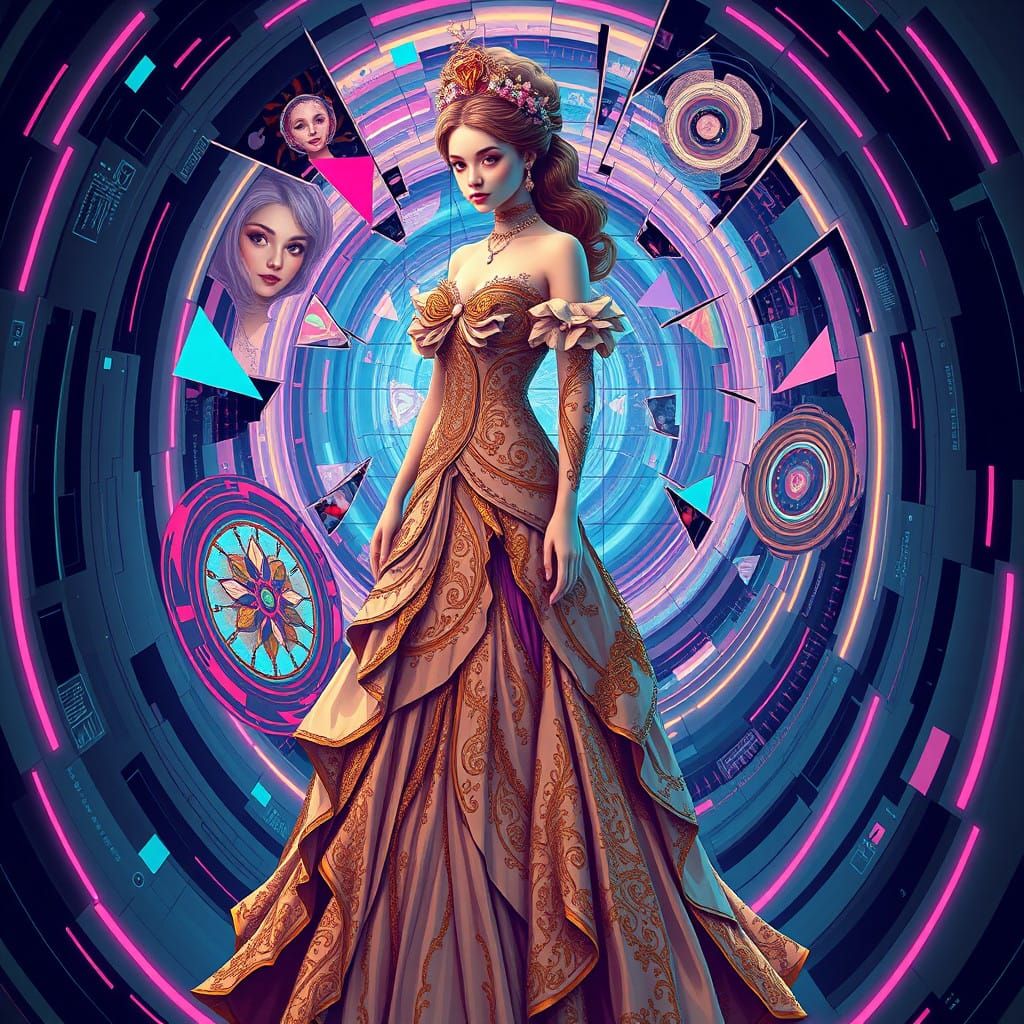 Rococo Lady in a Cyberpunk Labyrinth
