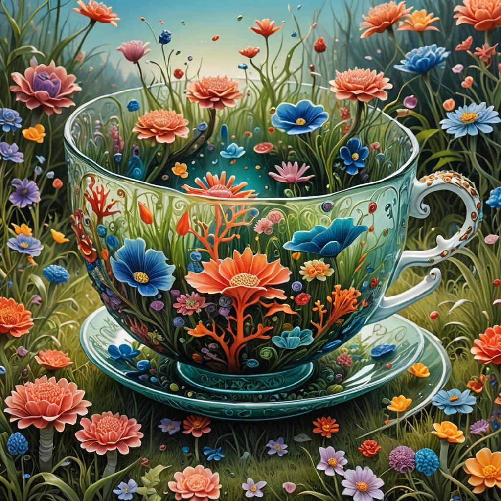 Ethereal Glass Teacup Holds Vibrant Coral Reef in Dreamlike....