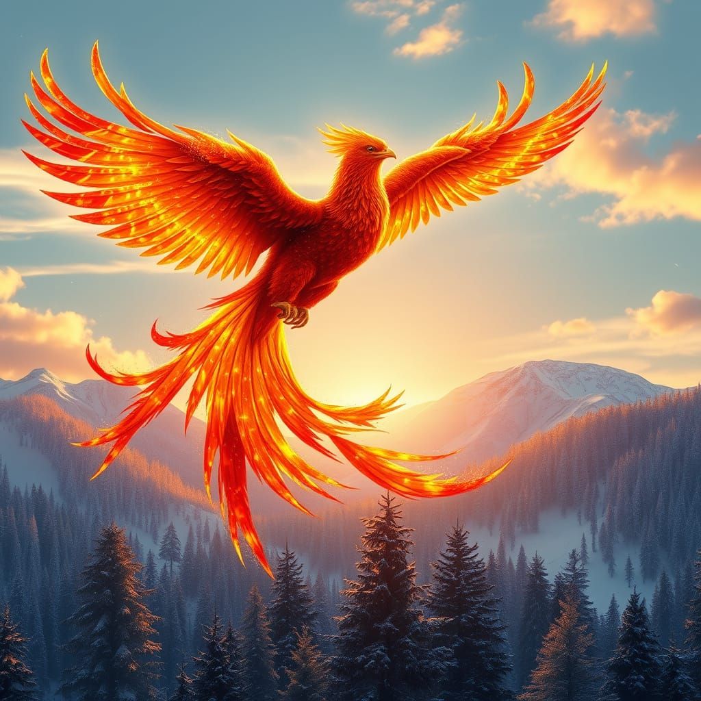 Ethereal Phoenix Soars Across Vibrant Sunrise Sky