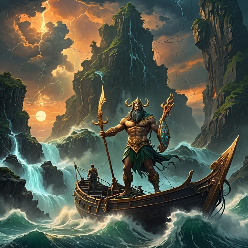 Epic Fantasy Concept Art: Poseidon Amidst Turbulent Seas