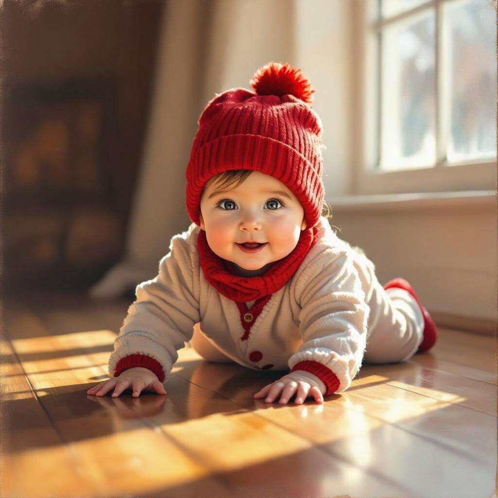 Baby Crawling in Red Winter Hat with Warm Light