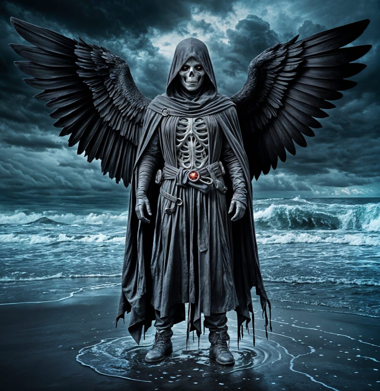 Post-Apocalyptic Figure Gazing at Bioluminescent Skull