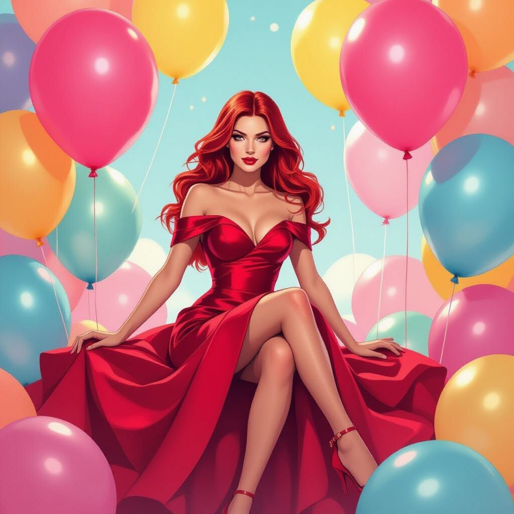 Scarlet Witch on Birthday Balloons, Whimsical Art
