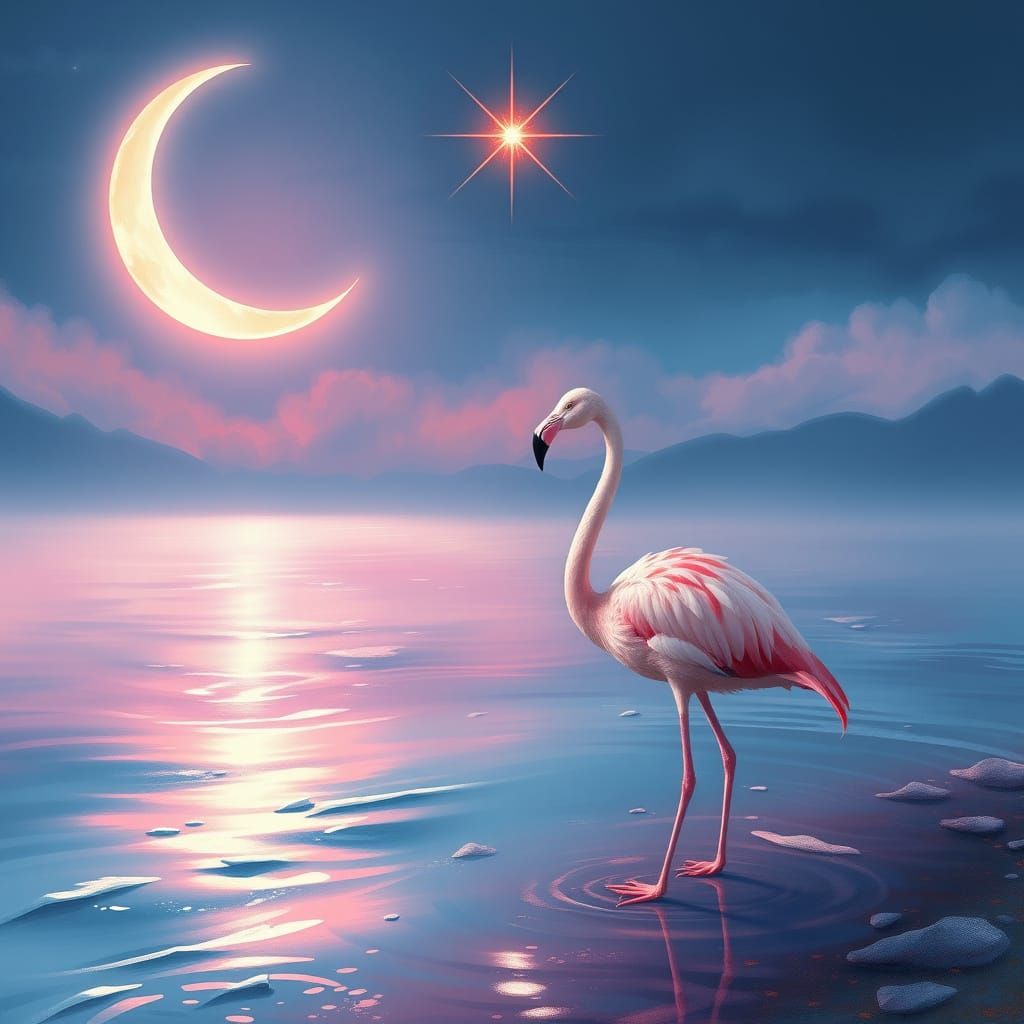 Ethereal Moonlit Scene with Majestic Flamingo