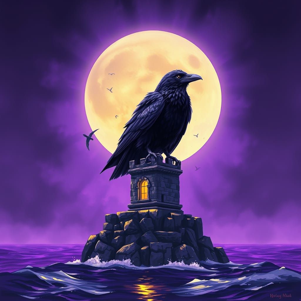 Giant Raven on Lighthouse in Purple Ocean