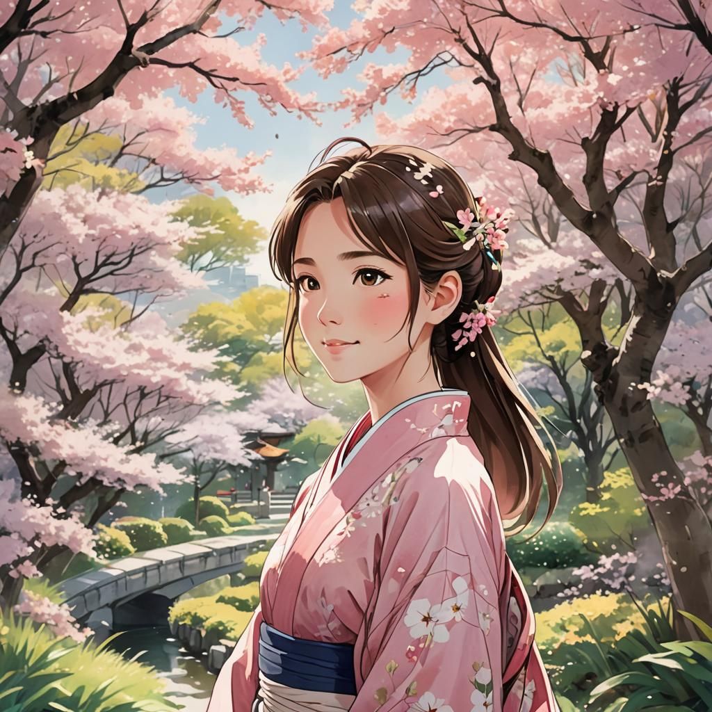 Surreal Anime Girl in a Delicate Watercolor Kimono
