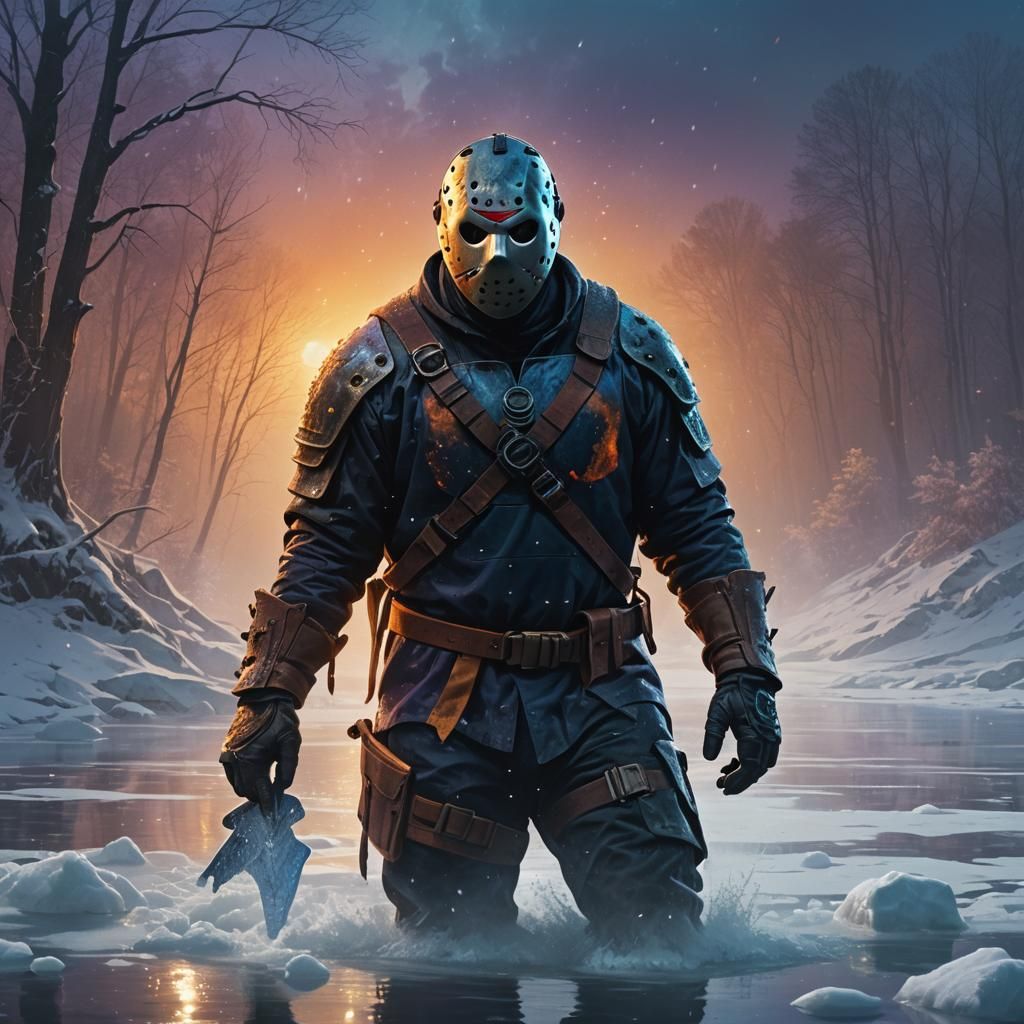 Jason Voorhees Emerges from Icy Lake in Vibrant Digital Art