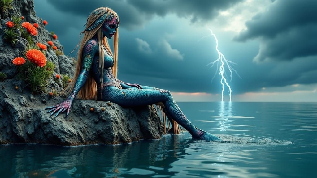 Ethereal Dark Mermaid on Serene Island