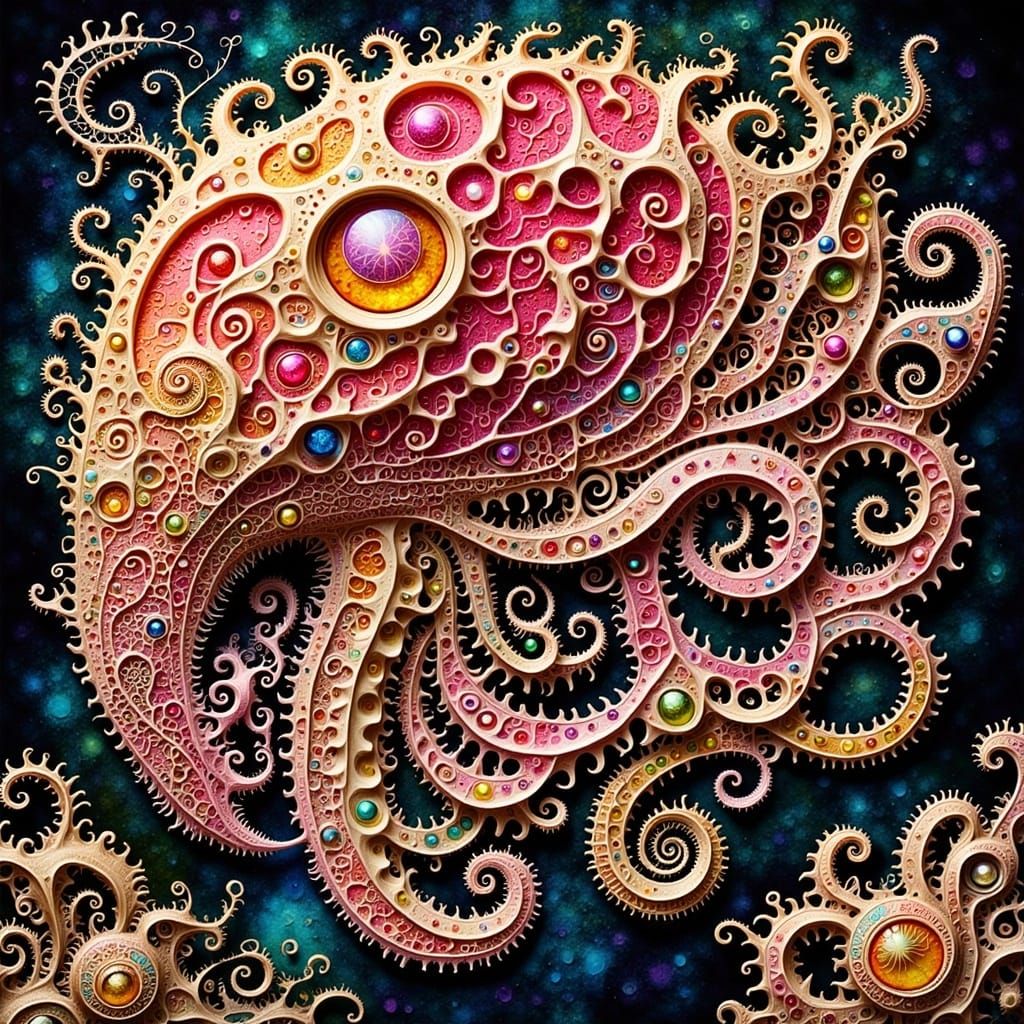Surreal Nautilus Sculpture in Vibrant Patchwork Inks