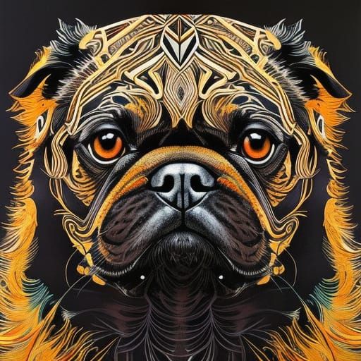 Surreal Black Pug with Intricate Oil Splash Illustration
