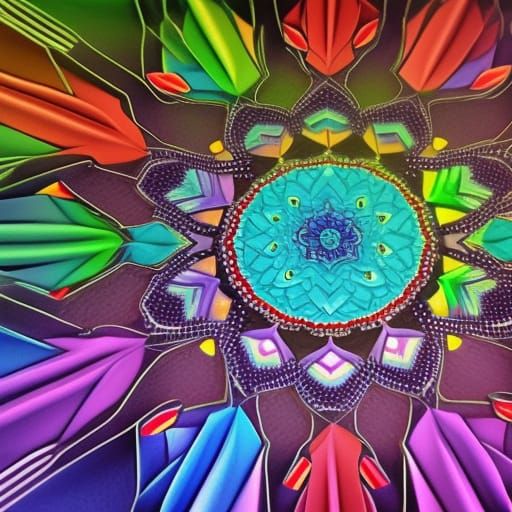 Surreal Origami Butterfly soars Amidst Rainbow Mandalas in C...