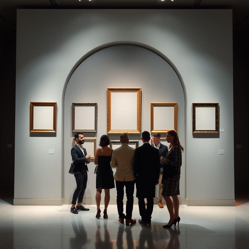 Sophisticated Art Enthusiasts in a Surreal Gallery Setting