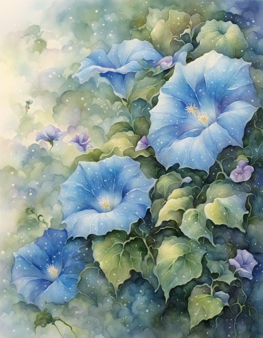 Ethereal Blue Morning Glories in Soft Watercolor and Ink