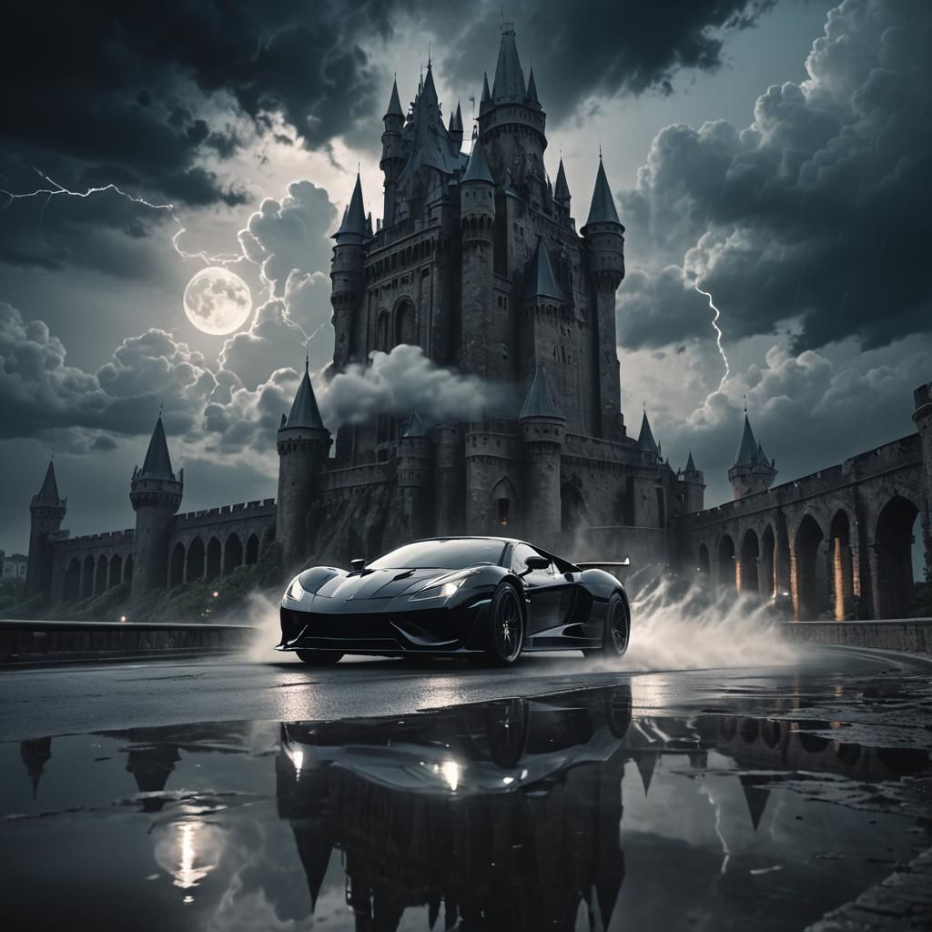 Gothic Superhero Car Speeds Down Fortress Moon's Winding Roa...