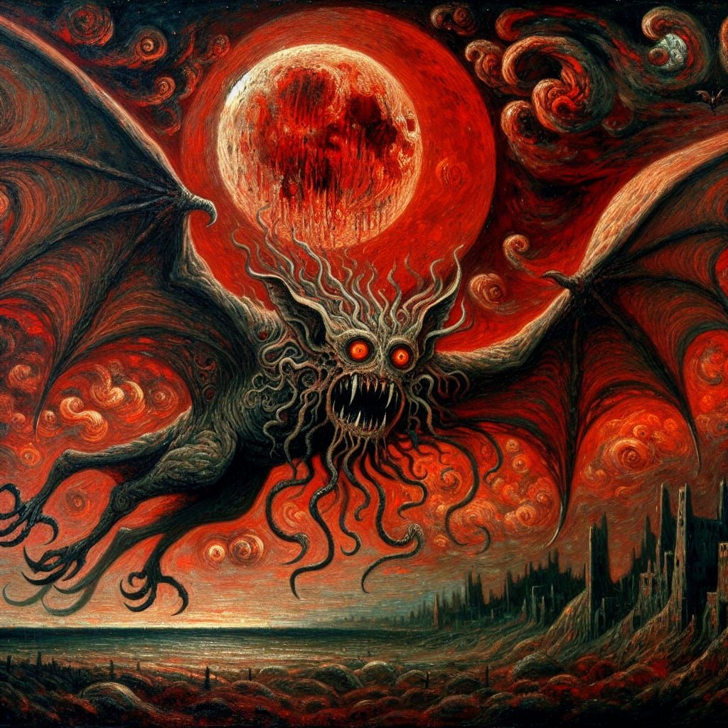 Eldritch Horror Soars Under Blood-Red Moon in Romantic Oil P...