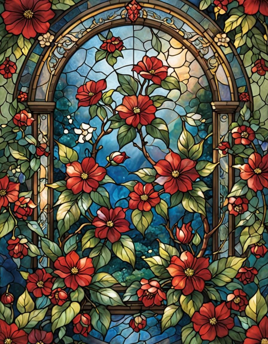 Ethereal Cherry Red Camella Flower in Stained Glass