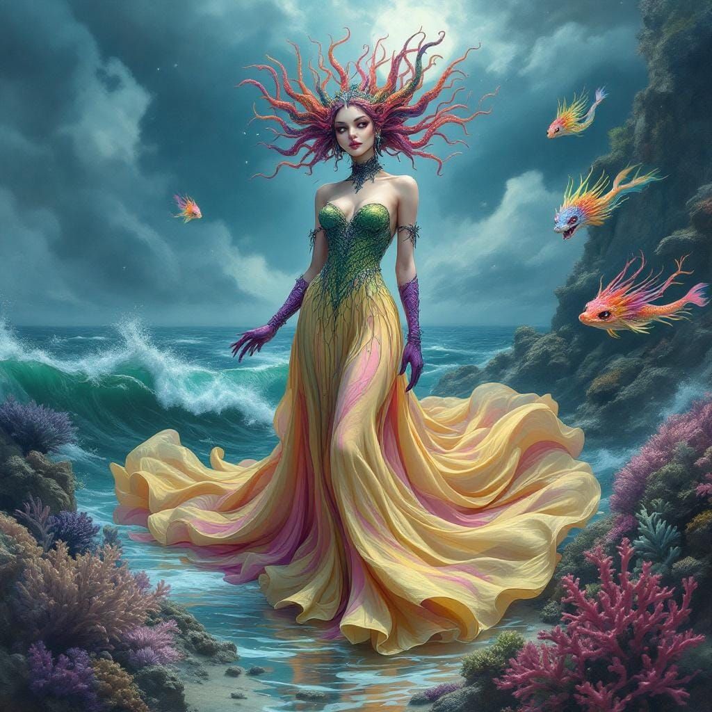 Gothic Princess on Coral Reef in Surreal Style
