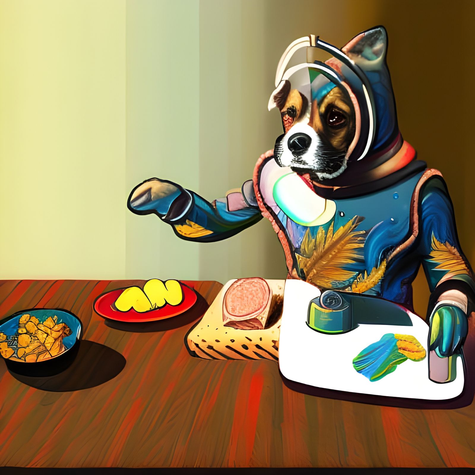Man in a dog costume with a charcuterie board
