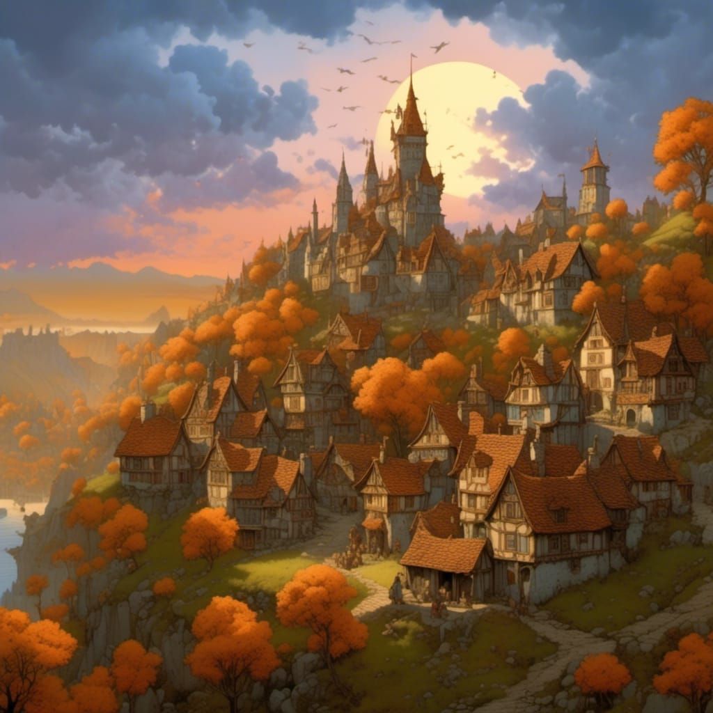 Vibrant Medieval Village in Sunset Golden Hour