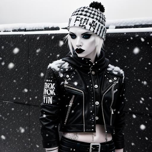 Edgy Punk Fashion Model Against Snowy Black and White Backgr...