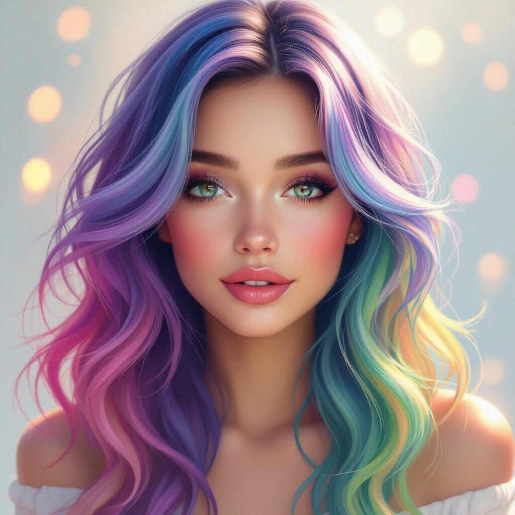 Woman With Rainbow Hair in Ethereal Digital Painting Style