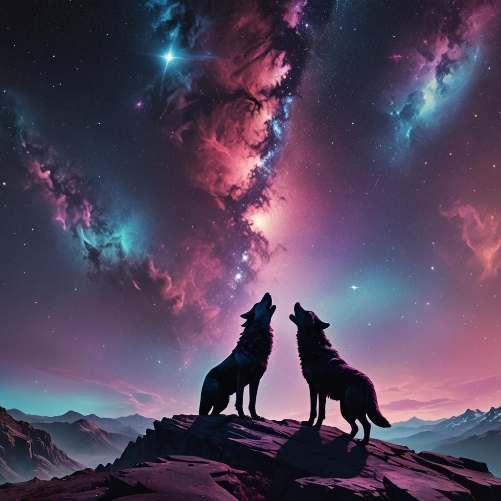Wolf Silhouette Made of Galaxies Howls at the Cosmic Edge