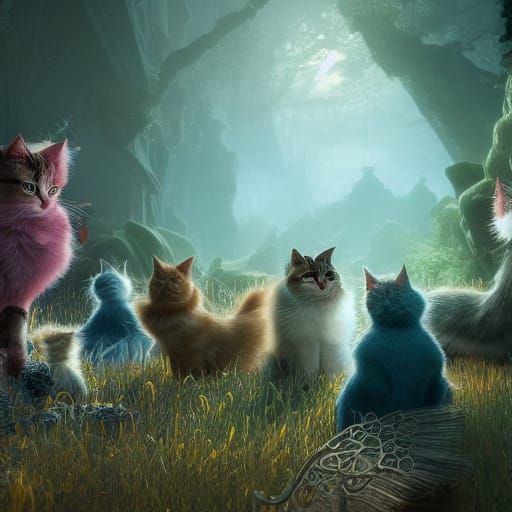 Whimsical Feline Choir in a Fantastical Realm