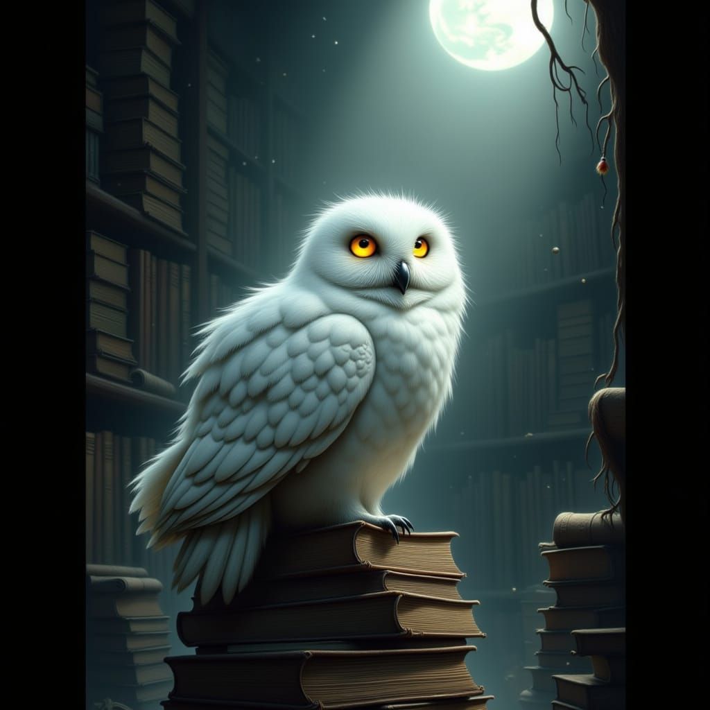 Majestic White Owl in Ancient Library Illustration