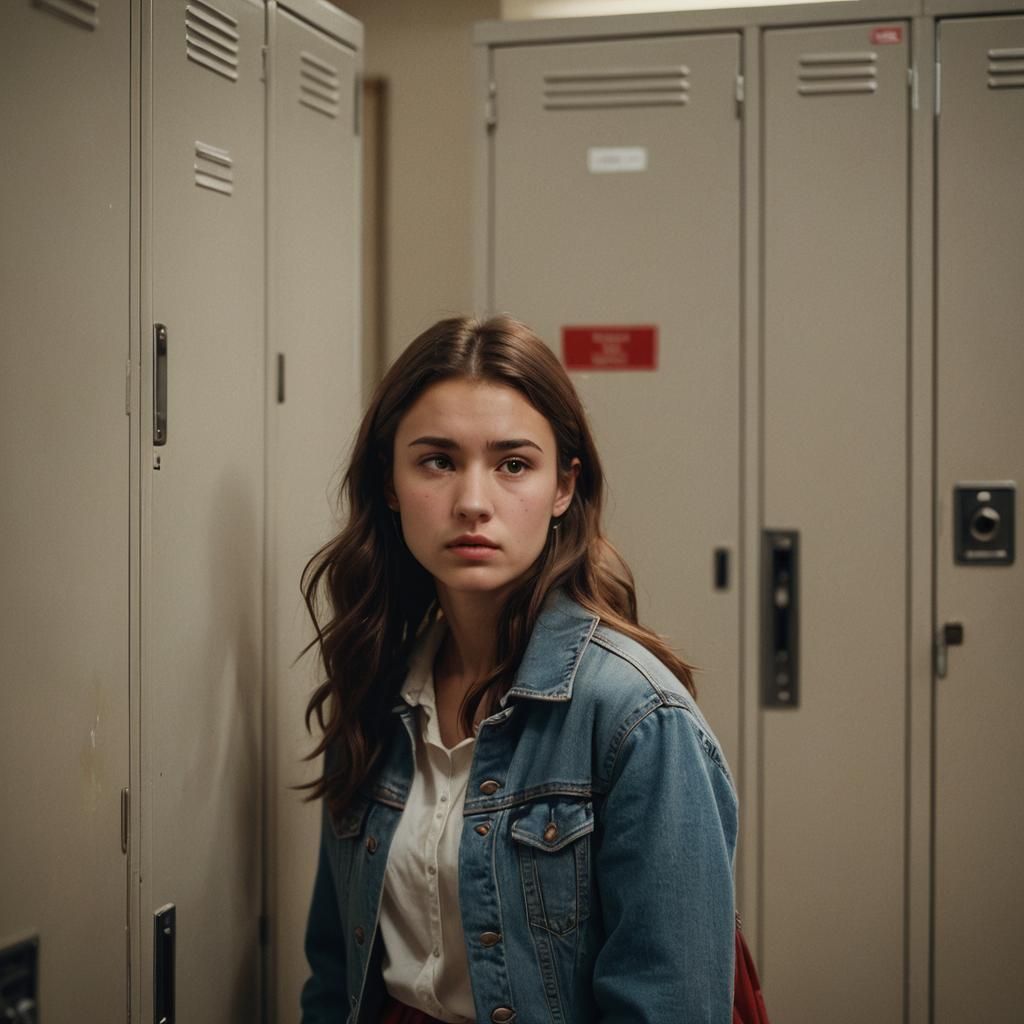 Russian Teen Girl Lost in Thought by School Lockers in Warm....