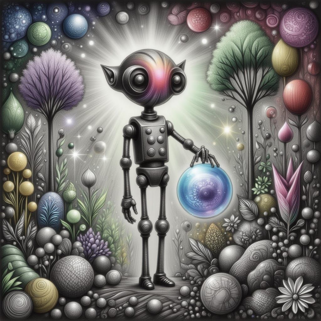 Cute Robot Holding Fishbowl in Rainbow Forest