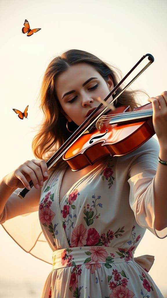 Gorgeous Woman Playing Violin with Butterflies