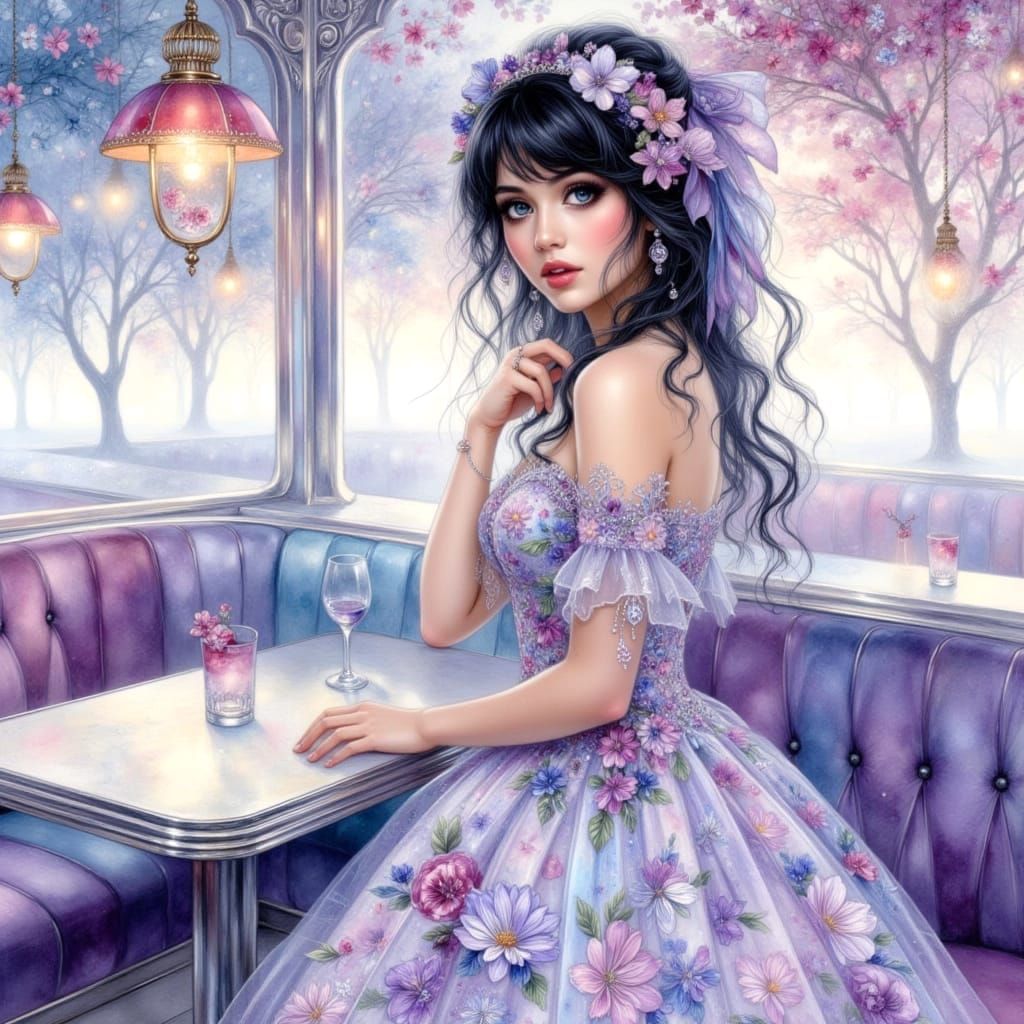 Psychedelic 1960s Woman in Retro Diner Oil Painting