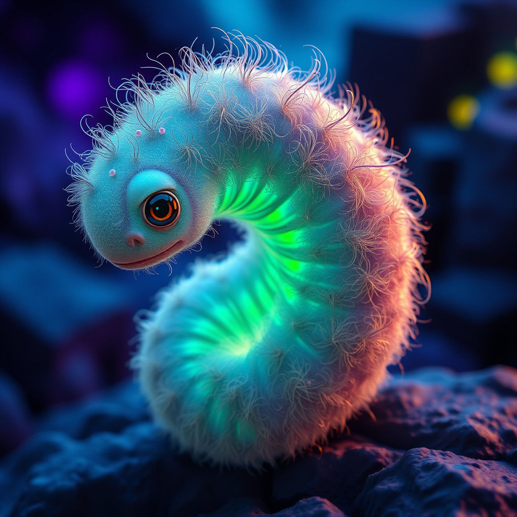 Fuzzy, Iridescent Worm in a Dreamlike, Fantasy Landscape