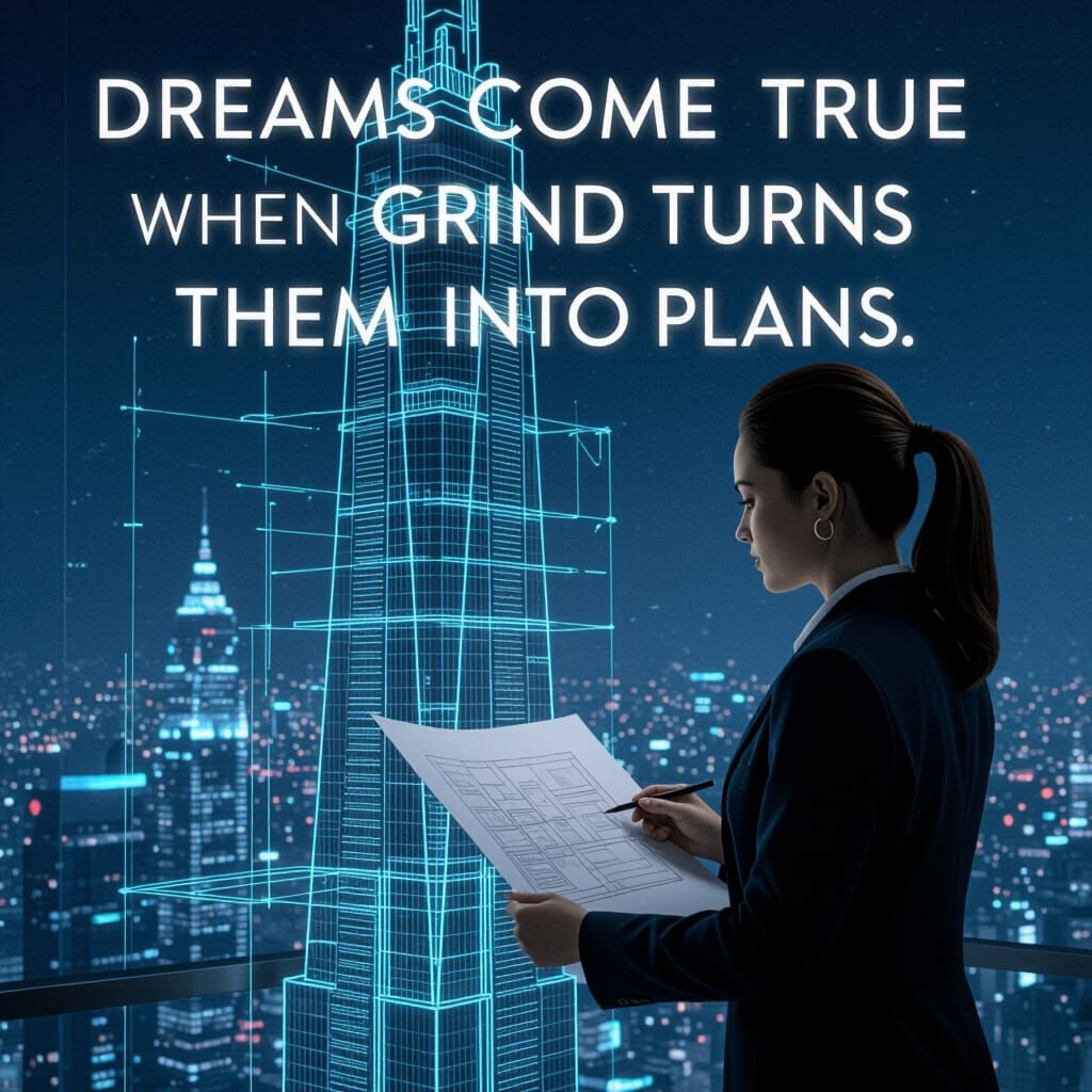 Futuristic Skyscraper Blueprint with Motivational Text