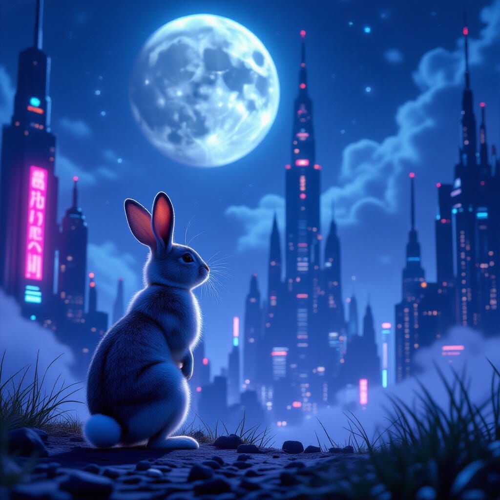 Futuristic Lunar Cityscape Gaze: Rabbit in Sci-Fi Matte Pain...