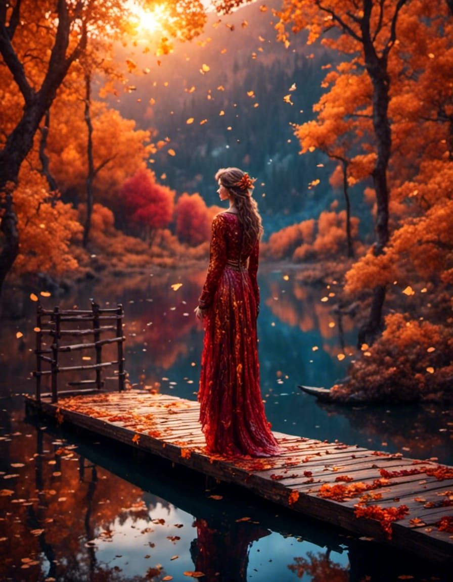 Woman in Autumn Twilight, Wood Pier, Watercolor Style