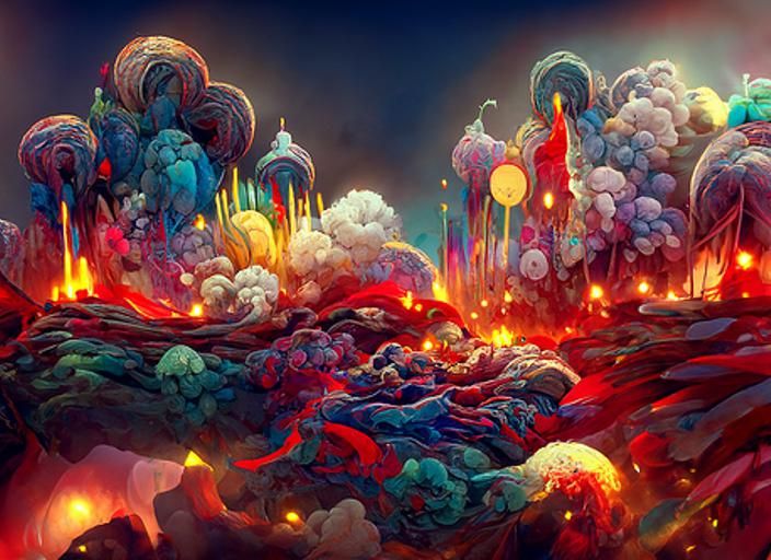 Surrealistic Volcanic Eruption Under a Vibrant Skiescape