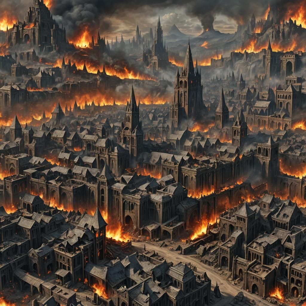 Apocalyptic Cityscape: Dark Fantasy Metropolis on Fire